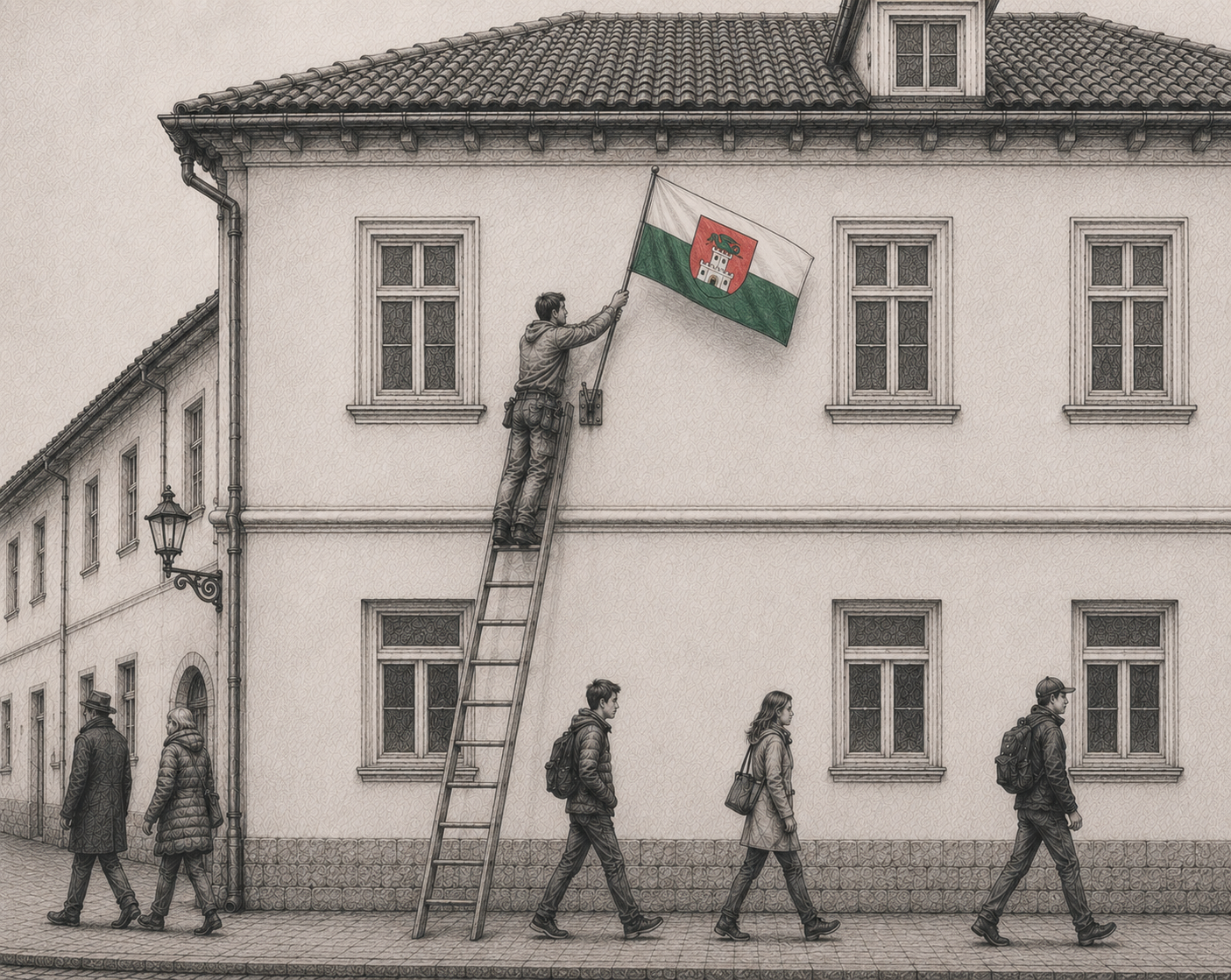 Mož na lestvi obeša zastavo na nosilec